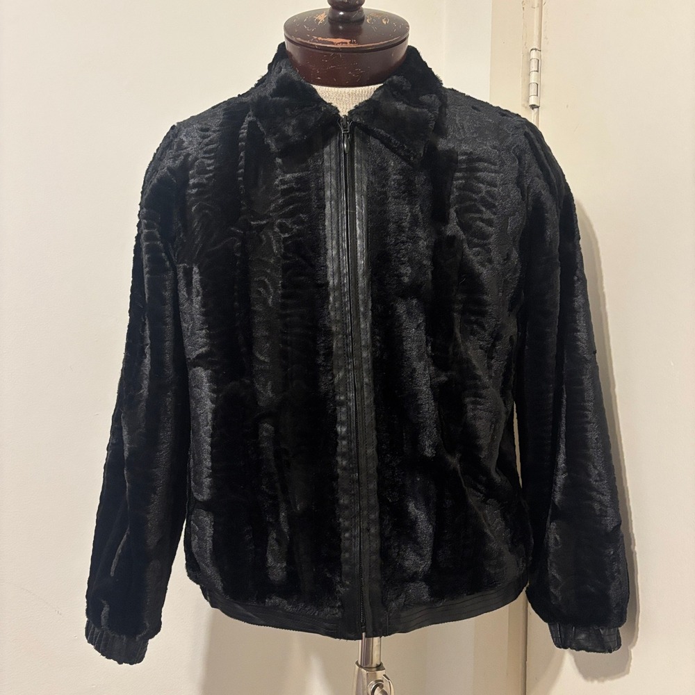 Black Textured Faux Fur Zip Up Jacket with Faux Leather Trim Fits S
